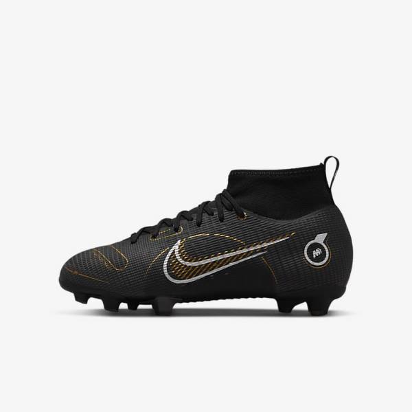 Nike Jr. Mercurial Superfly 8 Pro FG Younger and Older Firm-Grounds Fußballschuhe Kinder Schwarz Metal Silber Grau Metal Gold | NK701VKA