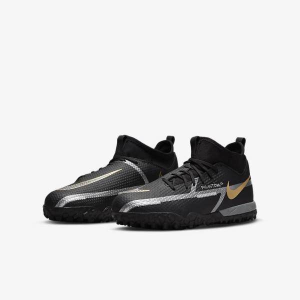 Nike Jr. Phantom GT2 Academy Dynamic Fit TF Older Turf Fußballschuhe Kinder Schwarz Metal Gold Dunkelgrau Metal Dunkelgrau | NK745MNK