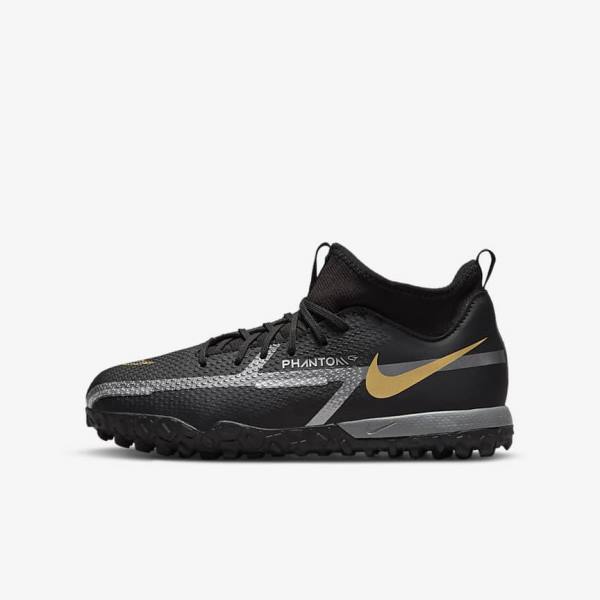 Nike Jr. Phantom GT2 Academy Dynamic Fit TF Older Turf Fußballschuhe Kinder Schwarz Metal Gold Dunkelgrau Metal Dunkelgrau | NK745MNK