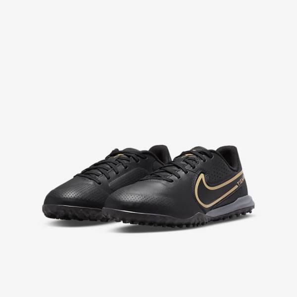 Nike Jr. Tiempo Legend 9 Academy TF Older Turf Fußballschuhe Kinder Schwarz Dunkelgrau Metal Gold Schwarz | NK506EMQ