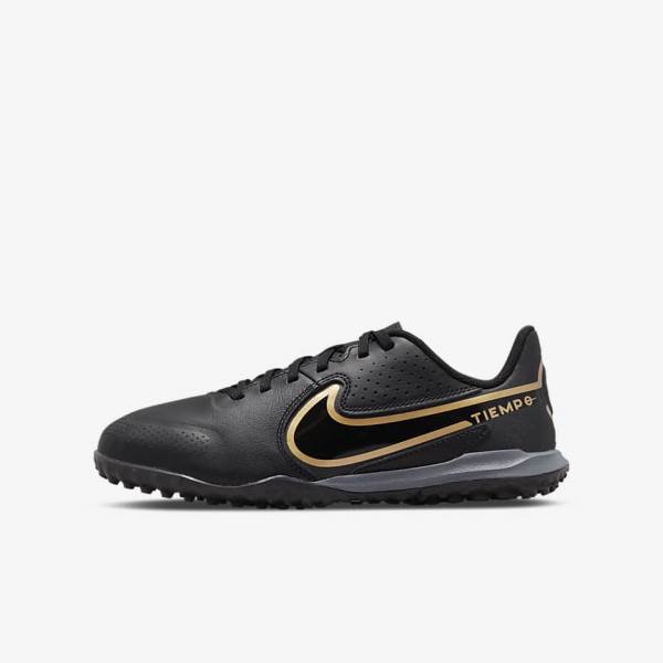 Nike Jr. Tiempo Legend 9 Academy TF Older Turf Fußballschuhe Kinder Schwarz Dunkelgrau Metal Gold Schwarz | NK506EMQ